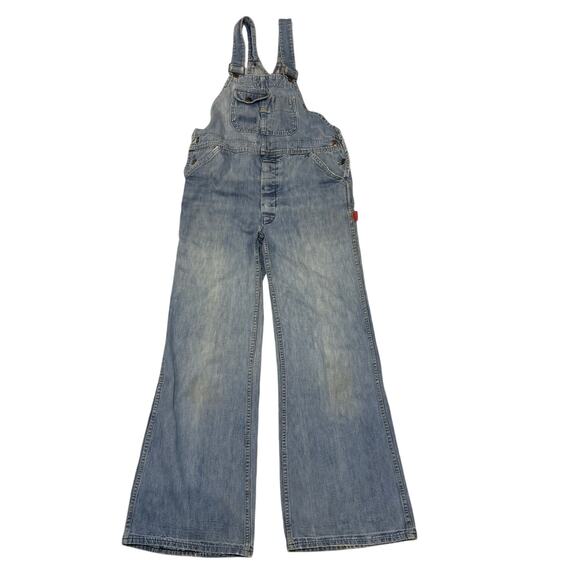 Vintage GWG Distressed Denim Overalls Flared Jeans Womens Size 32x32 Red Strap - Picture 1 of 14